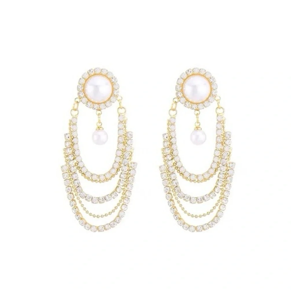 Elegant Crystal Pearl Dangle Earrings Vintage Style Luxury Gold Long‎ Drop new